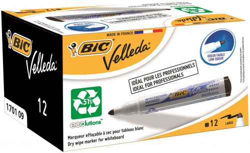 Bic Velleda Marker Whiteboard Dry-wipe 1701 Large Bullet Tip 1.5mm Line Black Ref 942234 [Pack 12]