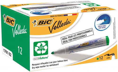 Bic Velleda Marker Whiteboard Dry-wipe 1701 Large Bullet Tip 1.5mm Line Green Ref 904940 [Pack 12]