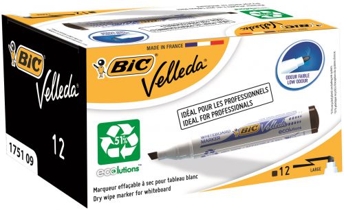 Bic Velleda Marker W/bd Dry-wipe 1751 Large Chisel Tip 3.7-5.5mm Line Width Black Ref 904946 [Pack 12]