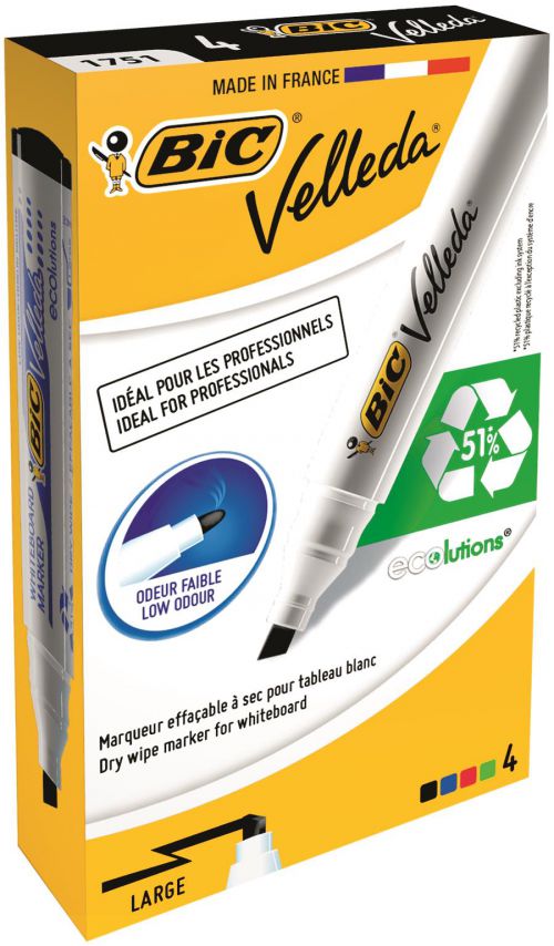 Bic Velleda Marker W/bd Dry-wipe 1751 Large Chisel Tip 3.7-5.5mm Line Width Assorted Ref 904950 [Pack 4]