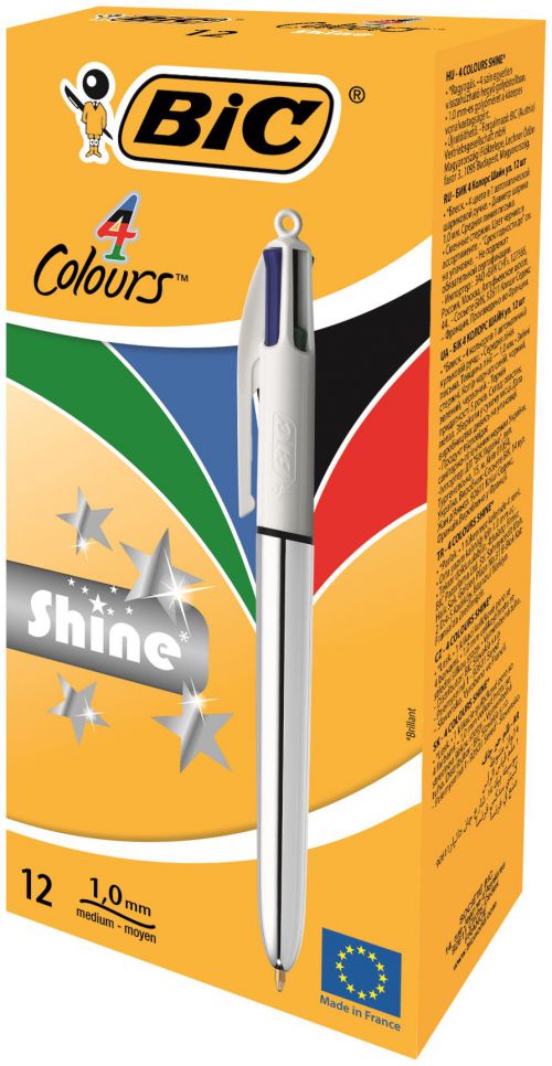 Bic 4 Colours Shine Ballpoint Pen 1mm Tip 0.32mm Line Silver Barrel Black/Blue/Green/Red Ink (Pack 12) - 919380