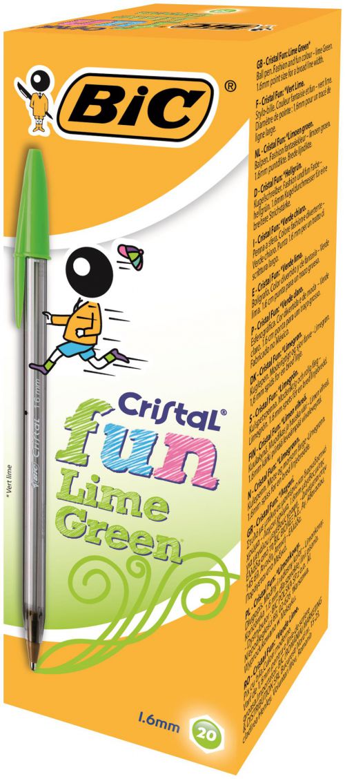 Bic+Cristal+Fun+Ballpoint+Pen+1.6mm+Tip+0.42mm+Line+Lime+Green+%28Pack+20%29+-+927885