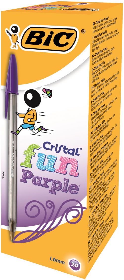 Bic+Cristal+Fun+Ballpoint+Pen+1.6mm+Tip+0.42mm+Line+Purple+%28Pack+20%29+-+929055