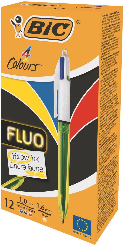 Bic 4 Colours Fluo Ballpoint Pen & Highlighter 1.0 Tip 0.32 Line & 1.6 Tip 0.42 Line Yellow/​White Barrel Black/​Blue/​Red/​Yellow Ink (Pack 12) - 933948