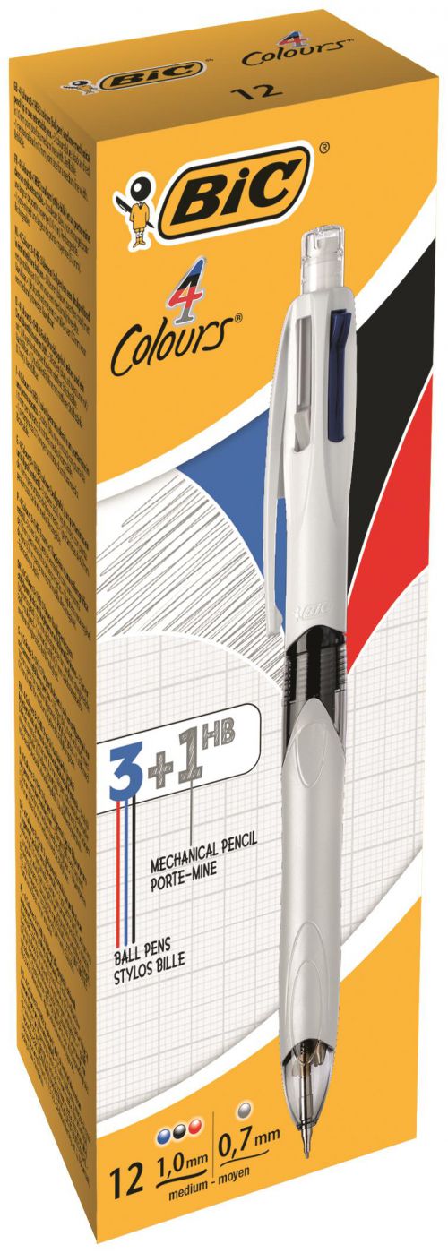 Bic+4+Colours+Multifunction+Ballpoint+Pen+and+Pencil+1mm+Tip+0.32mm+Line+and+0.7mm+Lead+Silver%2FWhite+Barrel+Black%2FBlue%2FRed%2FPencil+%28Pack+12%29+-+942104
