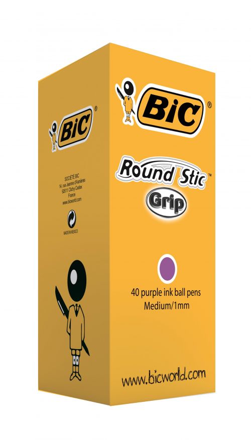 Bic+Round+Stic+Grip+Ballpoint+Pen+1mm+Tip+0.32mm+Line+Purple+%28Pack+40%29+-+920412