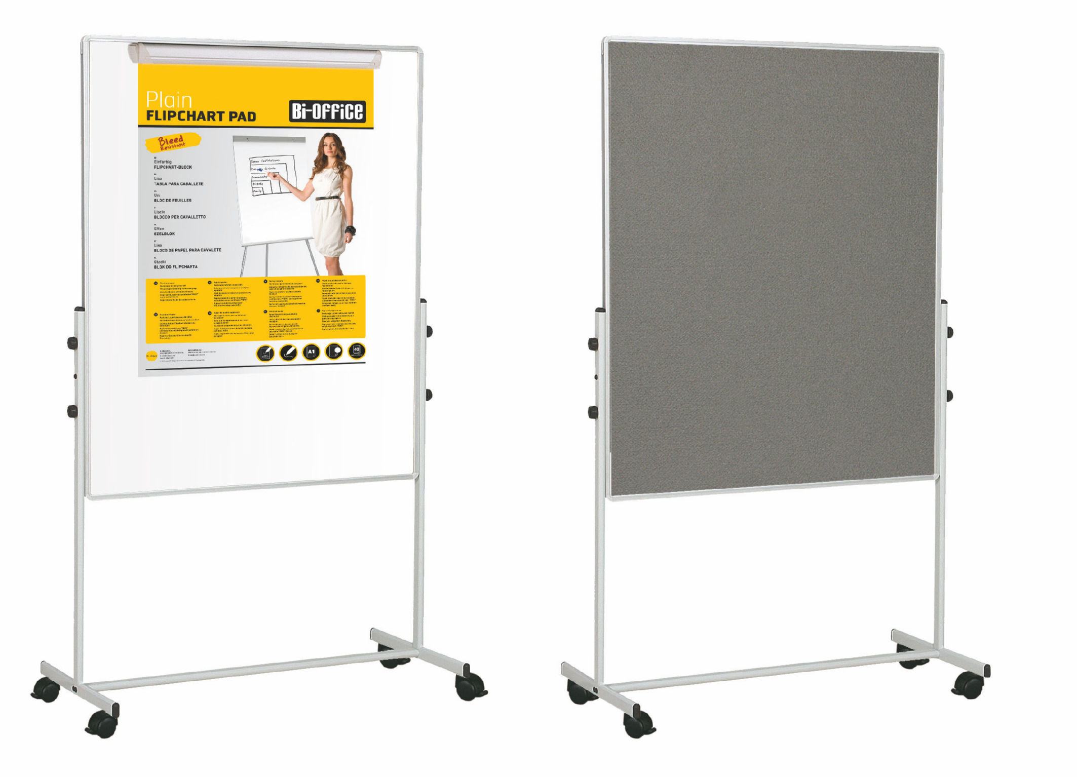 Easels Bi-Office Mobile Duo Melamine Non Magnetic Whiteboard/Grey Felt Noticeboard Easel 700x1200mm