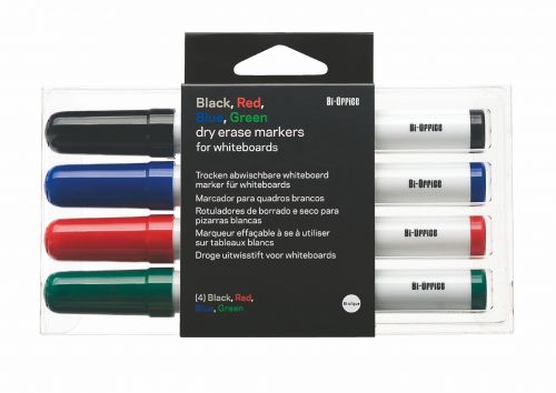 Drywipe Markers Bi-Office Dryerase Whiteboard Marker Bullet Tip Assorted Colours (Pack 4)