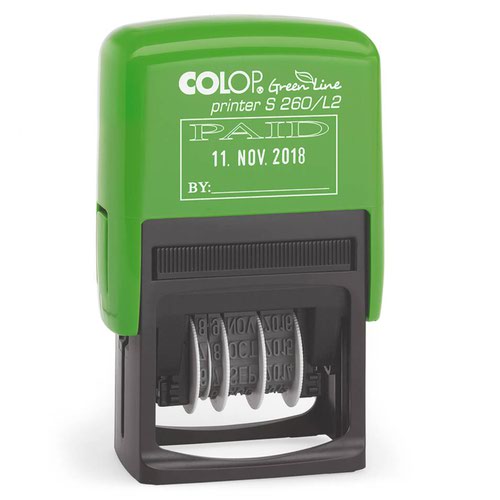 Stamps Colop Green Line S260/L2 Self Inking Word and Date Stamp PAID 24x45mm Blue/Red Ink