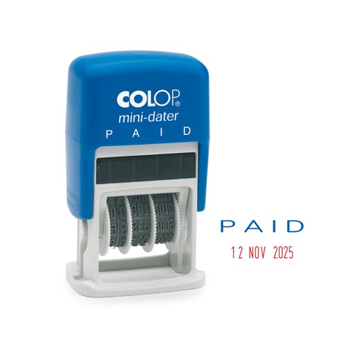 Stamps Colop S160/L2 Mini Word and Date Stamp PAID 25x12mm Blue/Red Ink
