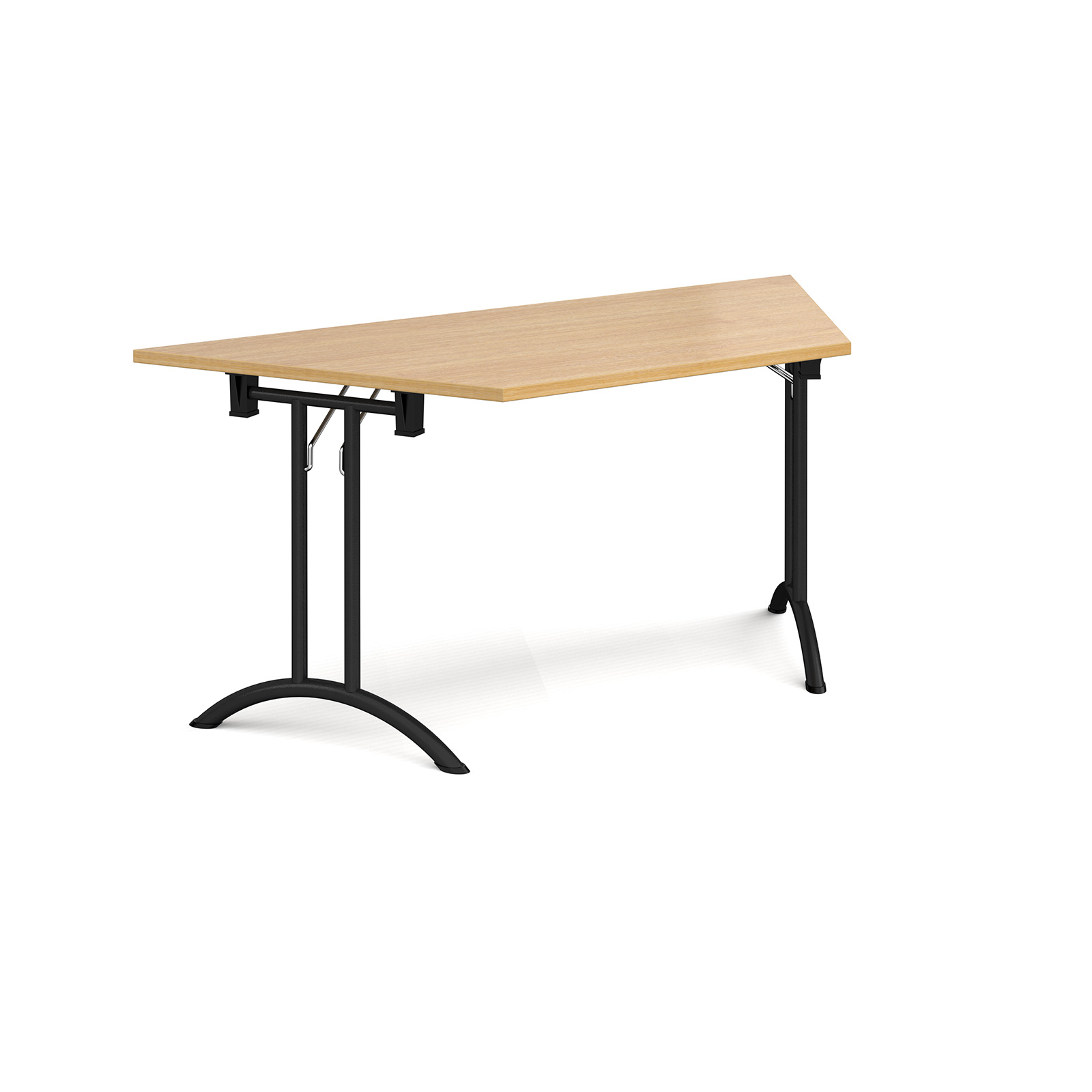 Trapezoidal folding leg table with black legs and curved foot rails 1600mm x 800mm - oak Trapezoidal folding leg table with black legs and curved foot rails 1600mm x 800mm - oak