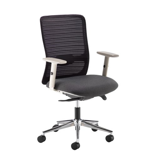 Arcade+black+mesh+back+operator+chair+with+grey+fabric+seat%2C+light+grey+frame+and+chrome+base