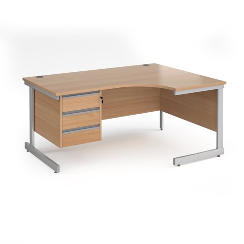 Contract+25+right+hand+ergonomic+desk+with+3+drawer+pedestal+and+silver+cantilever+leg+1600mm+-+beech+top