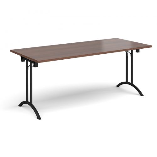 Rectangular folding leg table with black legs and curved foot rails 1800mm x 800mm - walnut