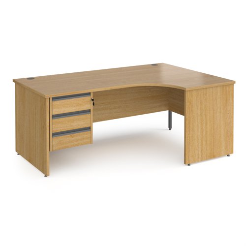 Contract+25+right+hand+ergonomic+desk+with+3+drawer+graphite+pedestal+and+panel+leg+1800mm+-+oak