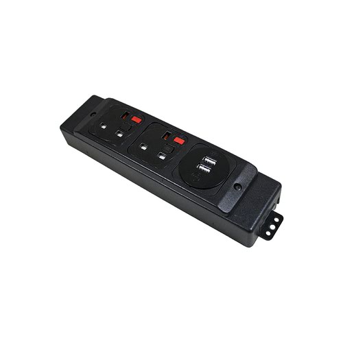Under desk power bar 2 x UK sockets and 1 x twin USB fast charge - black