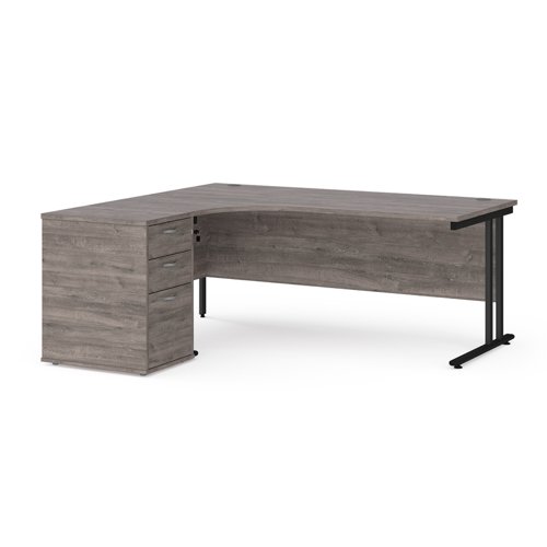 Maestro+25+left+hand+ergonomic+desk+1800mm+with+black+cantilever+frame+and+desk+high+pedestal+-+grey+oak