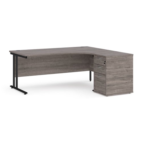Maestro+25+right+hand+ergonomic+desk+1800mm+with+black+cantilever+frame+and+desk+high+pedestal+-+grey+oak