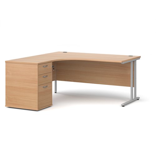 Maestro+25+left+hand+ergonomic+desk+1600mm+with+silver+cantilever+frame+and+desk+high+pedestal+-+beech