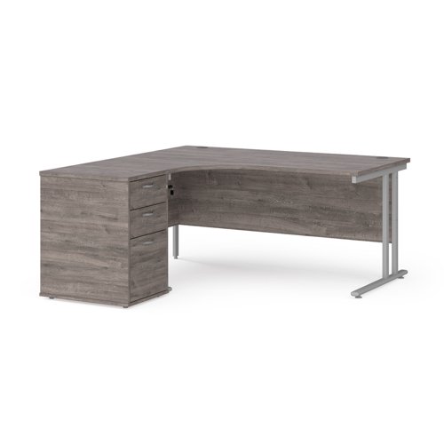 Maestro+25+left+hand+ergonomic+desk+1600mm+with+silver+cantilever+frame+and+desk+high+pedestal+-+grey+oak