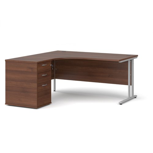 Maestro 25 left hand ergonomic desk 1600mm with silver cantilever frame and desk high pedestal - walnut