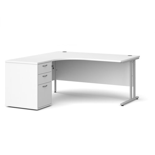 Maestro+25+left+hand+ergonomic+desk+1600mm+with+silver+cantilever+frame+and+desk+high+pedestal+-+white