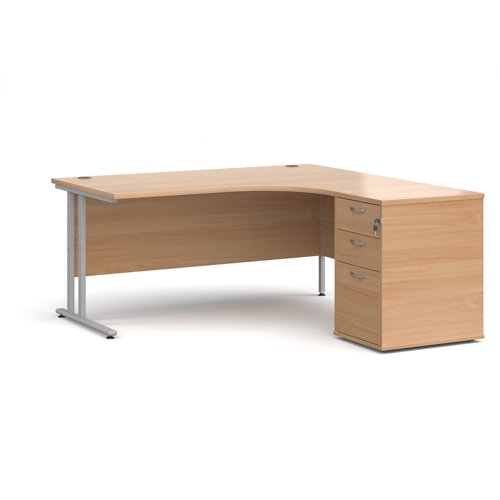 Maestro+25+right+hand+ergonomic+desk+1600mm+with+silver+cantilever+frame+and+desk+high+pedestal+-+beech