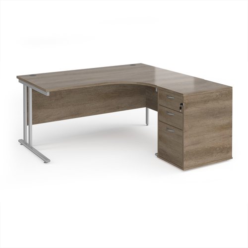 Maestro 25 right hand ergonomic desk 1600mm with silver cantilever frame and desk high pedestal - Nebraska Oak Maestro 25 right hand ergonomic desk 1600mm with silver cantilever frame and desk high pedestal - Nebraska Oak