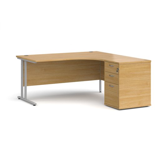 Maestro+25+right+hand+ergonomic+desk+1600mm+with+silver+cantilever+frame+and+desk+high+pedestal+-+oak