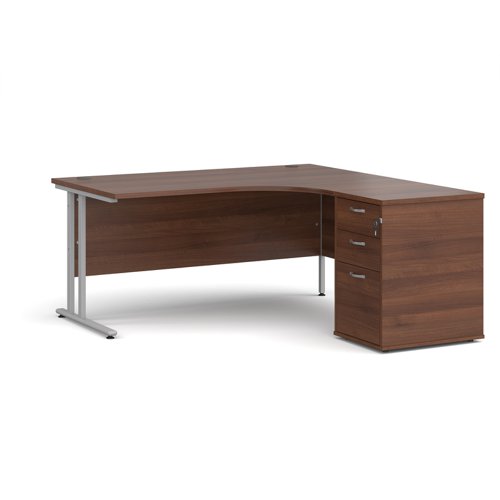 Maestro+25+right+hand+ergonomic+desk+1600mm+with+silver+cantilever+frame+and+desk+high+pedestal+-+walnut