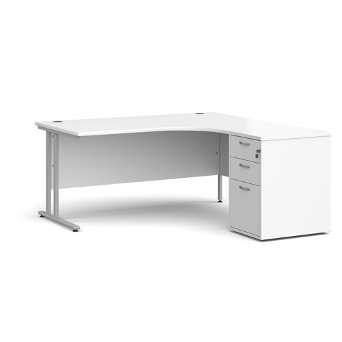 Maestro+25+right+hand+ergonomic+desk+1600mm+with+silver+cantilever+frame+and+desk+high+pedestal+-+white