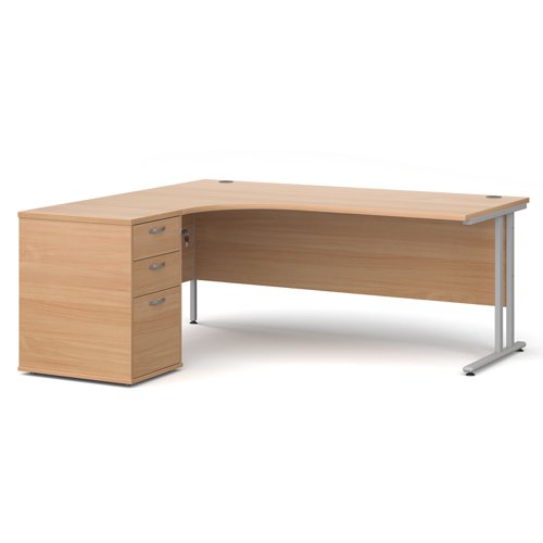 Maestro+25+left+hand+ergonomic+desk+1800mm+with+silver+cantilever+frame+and+desk+high+pedestal+-+beech