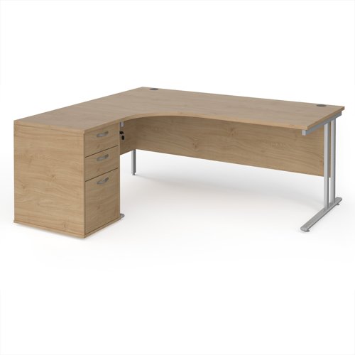 Maestro 25 left hand ergonomic desk 1800mm with silver cantilever frame and desk high pedestal - Kendal Oak Maestro 25 left hand ergonomic desk 1800mm with silver cantilever frame and desk high pedestal - Kendal Oak