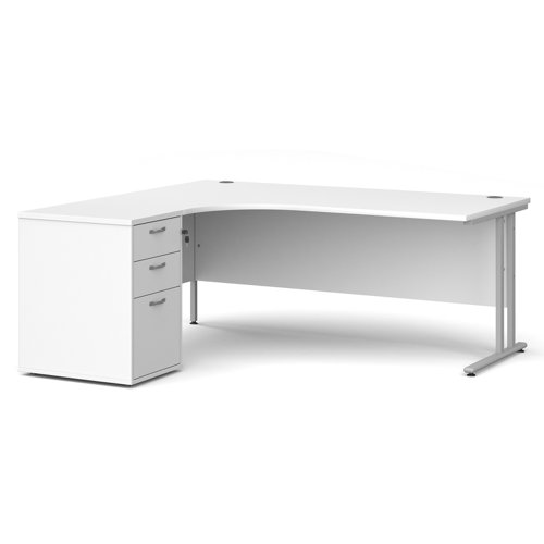 Maestro+25+left+hand+ergonomic+desk+1800mm+with+silver+cantilever+frame+and+desk+high+pedestal+-+white