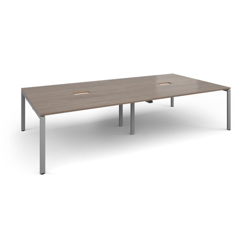 Adapt rectangular boardroom table 3200mm x 1600mm with 2 cutouts 272mm x 132mm - silver frame, Barcelona walnut top Adapt rectangular boardroom table 3200mm x 1600mm with 2 cutouts 272mm x 132mm - silver frame, Barcelona walnut top