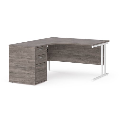 Maestro 25 left hand ergonomic desk 1400mm with white cantilever frame and desk high pedestal - grey oak
