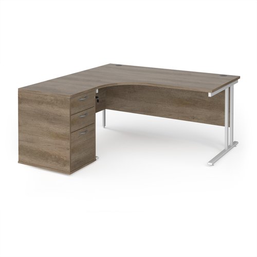 Maestro 25 left hand ergonomic desk 1600mm with white cantilever frame and desk high pedestal - Nebraska Oak Maestro 25 left hand ergonomic desk 1600mm with white cantilever frame and desk high pedestal - Nebraska Oak