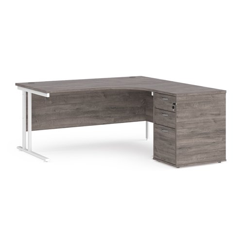 Maestro 25 right hand ergonomic desk 1600mm with white cantilever frame and desk high pedestal - grey oak