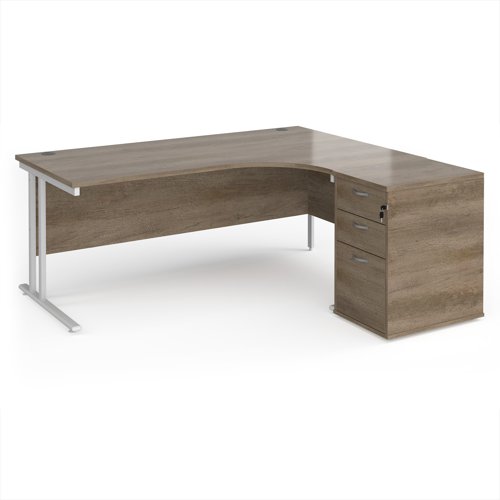 Maestro 25 right hand ergonomic desk 1800mm with white cantilever frame and desk high pedestal - Nebraska Oak Maestro 25 right hand ergonomic desk 1800mm with white cantilever frame and desk high pedestal - Nebraska Oak