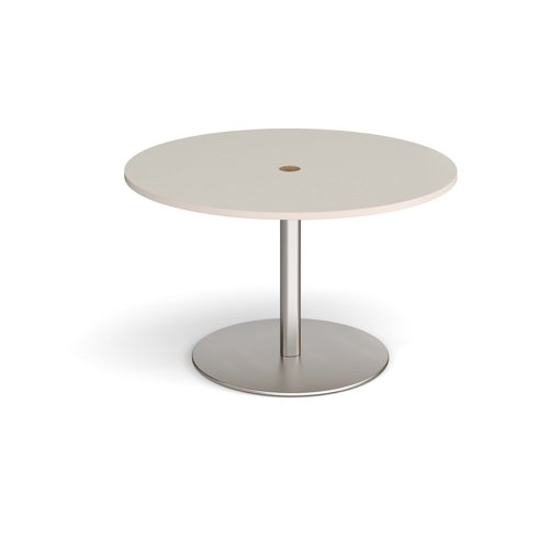 Eternal circular meeting table 1200mm with central circular cutout 80mm - brushed steel base, light grey top Eternal circular meeting table 1200mm with central circular cutout 80mm - brushed steel base, light grey top