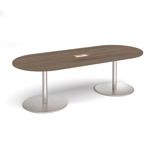 Eternal radial end boardroom table 2400mm x 1000mm with central cutout 272mm x 132mm - brushed steel base, Barcelona walnut top Eternal radial end boardroom table 2400mm x 1000mm with central cutout 272mm x 132mm - brushed steel base, Barcelona walnut top
