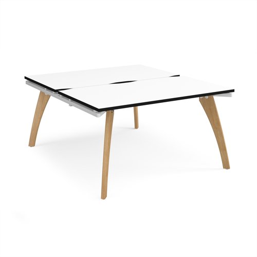 Fuze back to back desks 1400mm x 1600mm with oak legs - white underframe, white top, black edge Fuze back to back desks 1400mm x 1600mm with oak legs - white underframe, white top, black edge