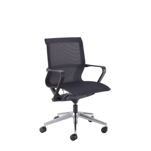 Lola medium back designer operators chair with black mesh and black frame and aluminium base Lola medium back designer operators chair with black mesh and black frame and aluminium base