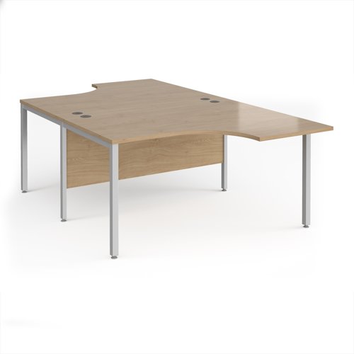 Maestro 25 back to back ergonomic desks 1400mm deep - silver bench leg frame, Kendal Oak top Maestro 25 back to back ergonomic desks 1400mm deep - silver bench leg frame, Kendal Oak top