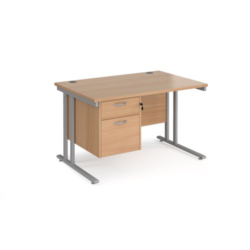 Maestro+25+straight+desk+1200mm+x+800mm+with+2+drawer+pedestal+-+silver+cantilever+leg+frame%2C+beech+top