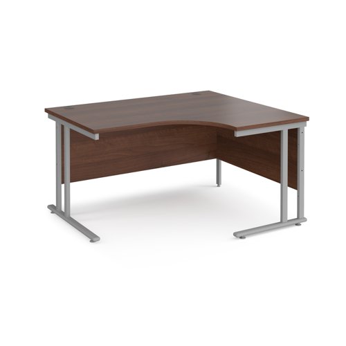 Maestro+25+right+hand+ergonomic+desk+1400mm+wide+-+silver+cantilever+leg+frame%2C+walnut+top