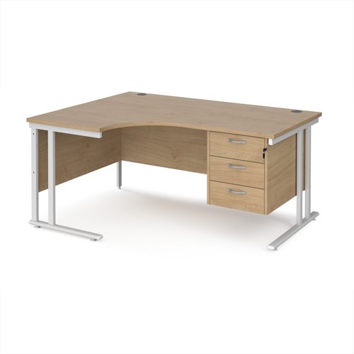Maestro 25 left hand ergonomic desk 1600mm wide with 3 drawer pedestal - white cantilever leg frame, Kendal oak top Maestro 25 left hand ergonomic desk 1600mm wide with 3 drawer pedestal - white cantilever leg frame, Kendal oak top