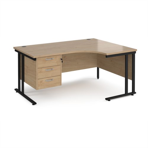 Maestro 25 right hand ergonomic desk 1600mm wide with 3 drawer pedestal - black cantilever leg frame, Kendal oak top Maestro 25 right hand ergonomic desk 1600mm wide with 3 drawer pedestal - black cantilever leg frame, Kendal oak top
