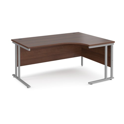 Maestro+25+right+hand+ergonomic+desk+1600mm+wide+-+silver+cantilever+leg+frame%2C+walnut+top