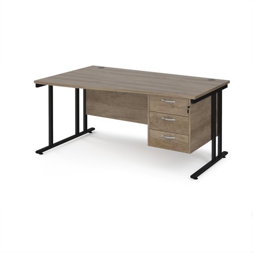 Maestro 25 left hand wave desk 1600mm wide with 3 drawer pedestal - black cantilever leg frame, Nebraska oak top Maestro 25 left hand wave desk 1600mm wide with 3 drawer pedestal - black cantilever leg frame, Nebraska oak top
